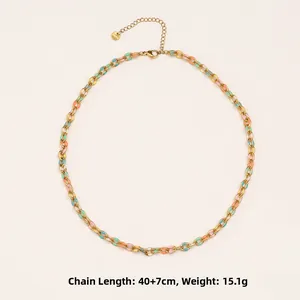 Vue détaillée d'un collier en acier titane avec émail coloré et finition dorée