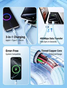 Close-up detail of 3-in-1 braided charging cable showing internal tinned copper core
