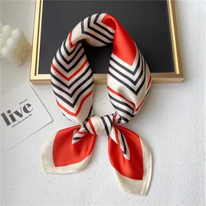 Red and black striped silk-like square neck scarf for women, elegant 70cm accessory