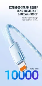 Close-up of reinforced SR connector on blue braided fast charging cable detail view
