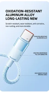 High-resolution detail of blue 120W braided USB-C cable showing reinforced SR connector