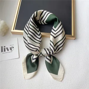 Elegant 70cm green and white striped faux silk square scarf for women office wear