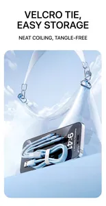 Detail view of blue 3-in-1 braided charging cable with white velcro strap for easy storage