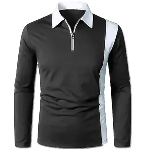 Detailed view of men's long-sleeve color-block polo shirt with zipper and collar