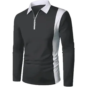 Detailed view of men's long-sleeve polo shirt with black and white color block design