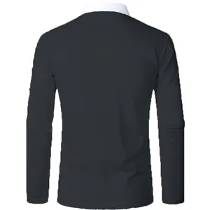 Detailed back view of a men's long sleeve polo shirt with charcoal body and white collar