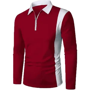 Detail of the side color-blocking and zipper collar on this red men's long sleeve polo.