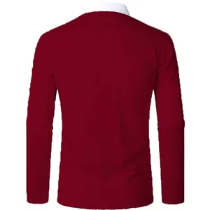 Back view of men's long-sleeve polo shirt with white contrast collar in burgundy.