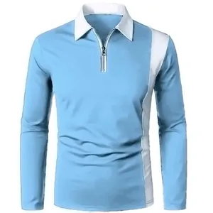 Detail view of light blue men's polo shirt with white contrast collar and zipper