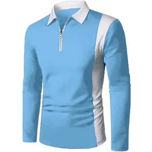 Men's light blue and white color block long sleeve polo shirt with zipper lapel detail.
