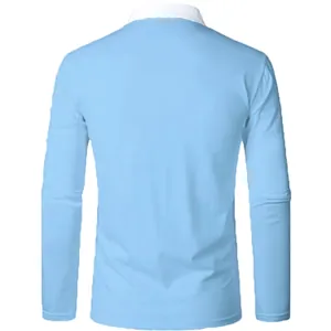 Back view of a stylish light blue men's long sleeve polo shirt with a white collar
