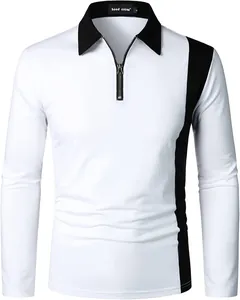 Detailed view of men's white long-sleeve polo shirt featuring black collar and zipper neck