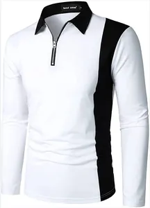 Men's white long-sleeve polo shirt with black contrast collar and side panel detail