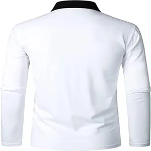 Back view of white men's long-sleeved Polo shirt featuring a black contrast collar detail