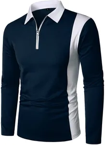 Detail of men's long-sleeve polo shirt with white collar and quarter-zip design
