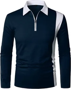 Men's color-block long-sleeve polo shirt featuring a turn-down collar and zipper detail.