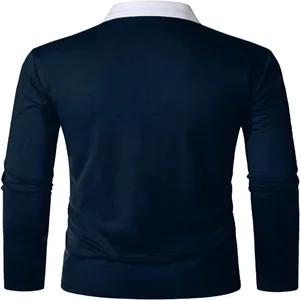 Back view of a men's navy blue long-sleeve polo shirt with a white contrast collar.