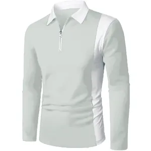 Close-up of men's long-sleeve polo shirt featuring color-block panels and zipper collar