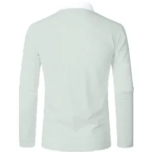 Back view of a fashionable men's long sleeve polo shirt in light grey with a white collar.