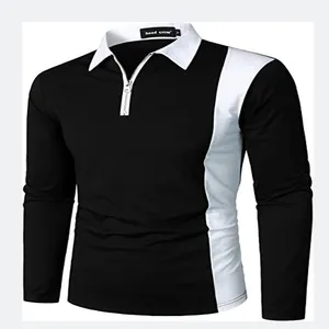 Close-up of men's black and white color-blocked polo shirt with zipper neck detail