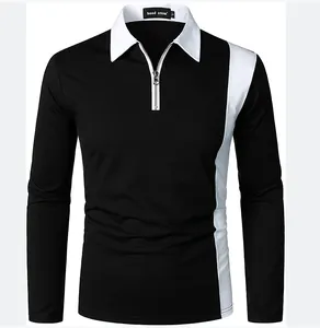 Detailed view of men's long sleeve polo shirt featuring black and white color block design