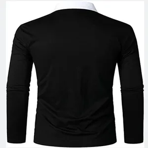 Back view of classic men's black long sleeve polo shirt featuring a white contrast collar detail