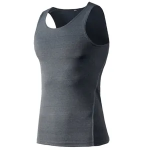 Professional grey men's athletic compression tank top for gym training and running.