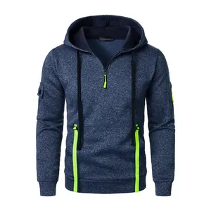 Felpa con Cappuccio Uomo con Mezza Zip Multitasca Casual Melange Pullover Abbigliamento Sportivo Outdoor Top