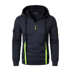 Felpa con cappuccio uomo slim fit con mezza zip e dettagli tasche verde neon