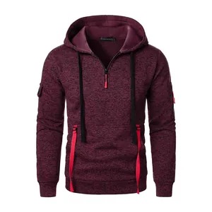 Felpa con cappuccio casual bordeaux da uomo con cerniera parziale