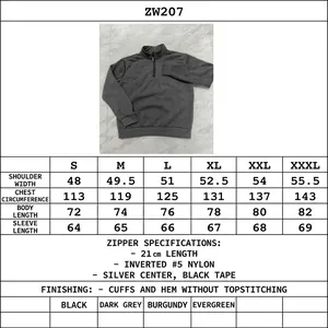 Detailed size chart for men's quarter-zip fleece-lined sweatshirt with measurements