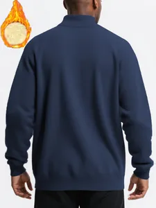 Back view of a men's navy blue fleece-lined sweatshirt featuring a warm high neck collar