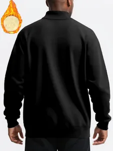 Detailed back view of a black fleece-lined men's stand-collar sweatshirt for winter.