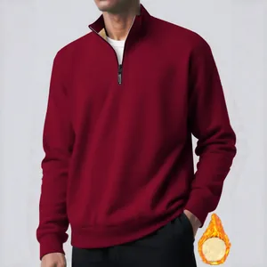 Stylish men's burgundy winter fleece quarter-zip sweatshirt with warm lamb wool lining