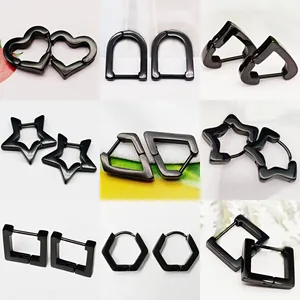 Various styles of black titanium steel earrings in heart star and geometric shapes