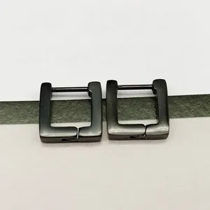 Macro detail shot of sleek black titanium steel square hoop earrings for men and women