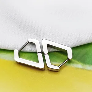 Macro view of geometric titanium steel hoop earrings with a polished silver finish