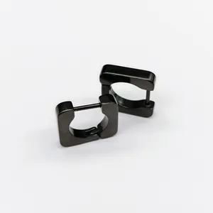 Detail view of black square titanium steel hoop earrings with polished finish