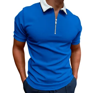 Detail view of a men's blue slim-fit polo shirt featuring a white zipper lapel collar.