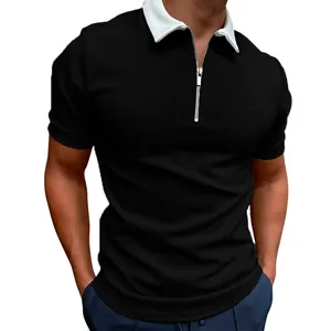 Men's slim fit polo shirt with white zipper lapel and black short sleeves