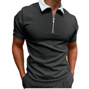 Men's casual slim fit short sleeve polo shirt featuring a contrast white zipper lapel