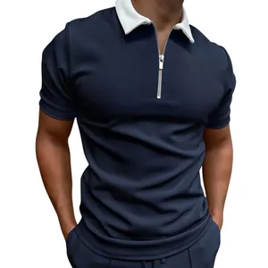 Athletic men's slim fit navy blue short sleeve polo shirt with white zipper lapel collar.