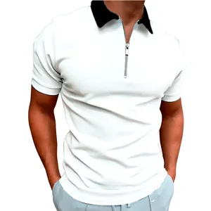 Close-up detail of a men's slim fit white polo shirt with a black zipper collar.