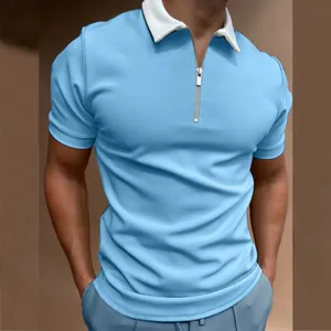 Close-up of men's slim fit polo shirt featuring white collar and metal zipper detail