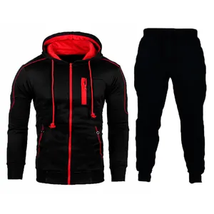 Front view of black and red men's tracksuit set with zip-up hoodie and joggers