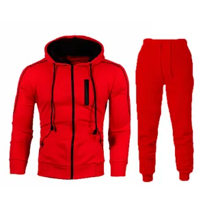 Men's casual red tracksuit set featuring a zip-up hooded sweatshirt and joggers.