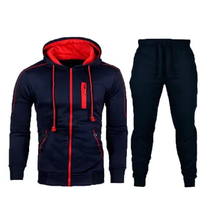 Men's navy and red casual hooded sweatshirt and matching sweatpants two-piece tracksuit