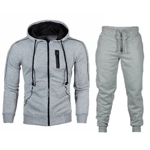 Men's casual grey tracksuit set featuring a zip-up hoodie and matching joggers