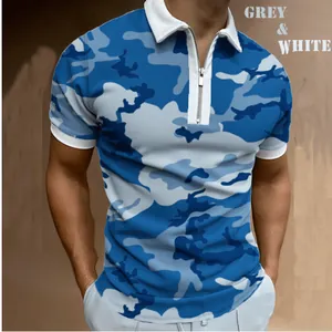 Detailed view of men's stylish blue camouflage polo shirt with white zipper collar
