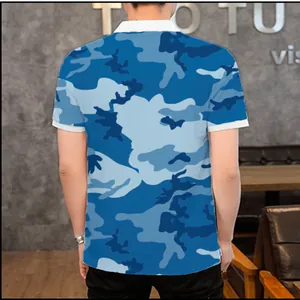 Back view of men's blue camouflage print polo shirt with contrasting white collar